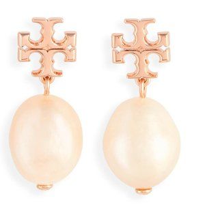 Tory Burch Kira Logo Pearl Drop Earrings in Rose Gold (NWT)